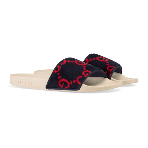 gucci slides terry cloth|GUCCI Terry Cloth GG Monogram Slide Sandals 40 Blue Red .